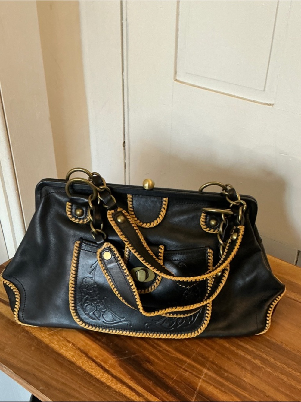 Eileen West Black Satchel with Tan Whipstitch Trim